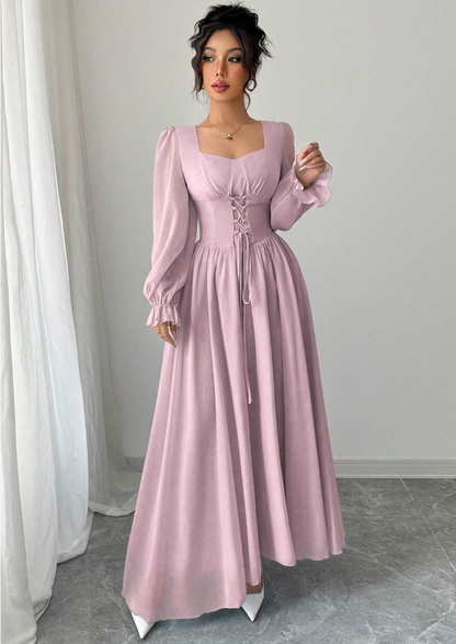 Vestido de Festa Longo retrô Princesa Manga longa Amarração casamento rosê