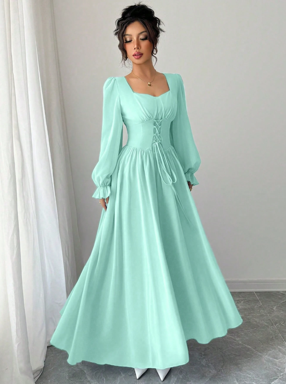 Vestido de Festa Longo retrô casamento  Princesa Manga longa Amarração verde água