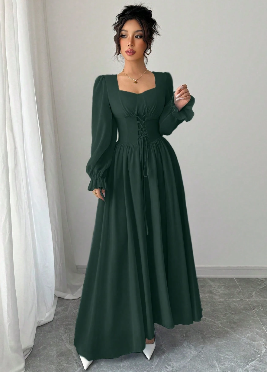 Vestido de Festa Longo retrô Princesa casamento Manga longa Amarração verde escuro