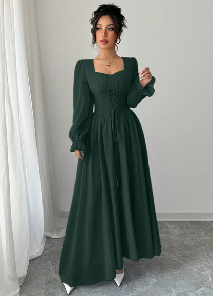 Vestido de Festa Longo retrô Princesa casamento Manga longa Amarração verde escuro
