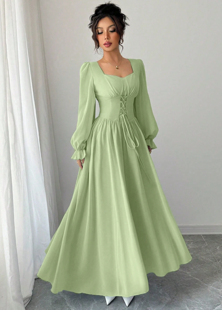 Vestido de Festa Longo retrô casamento  madrinha Princesa Manga longa Amarração verde claro 