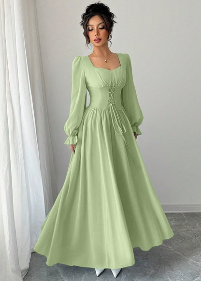Vestido de Festa Longo retrô casamento  madrinha Princesa Manga longa Amarração verde claro 