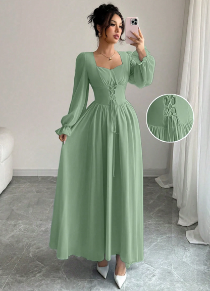 Vestido de Festa Longo retrô casamento  Princesa Manga longa Amarração verde menta