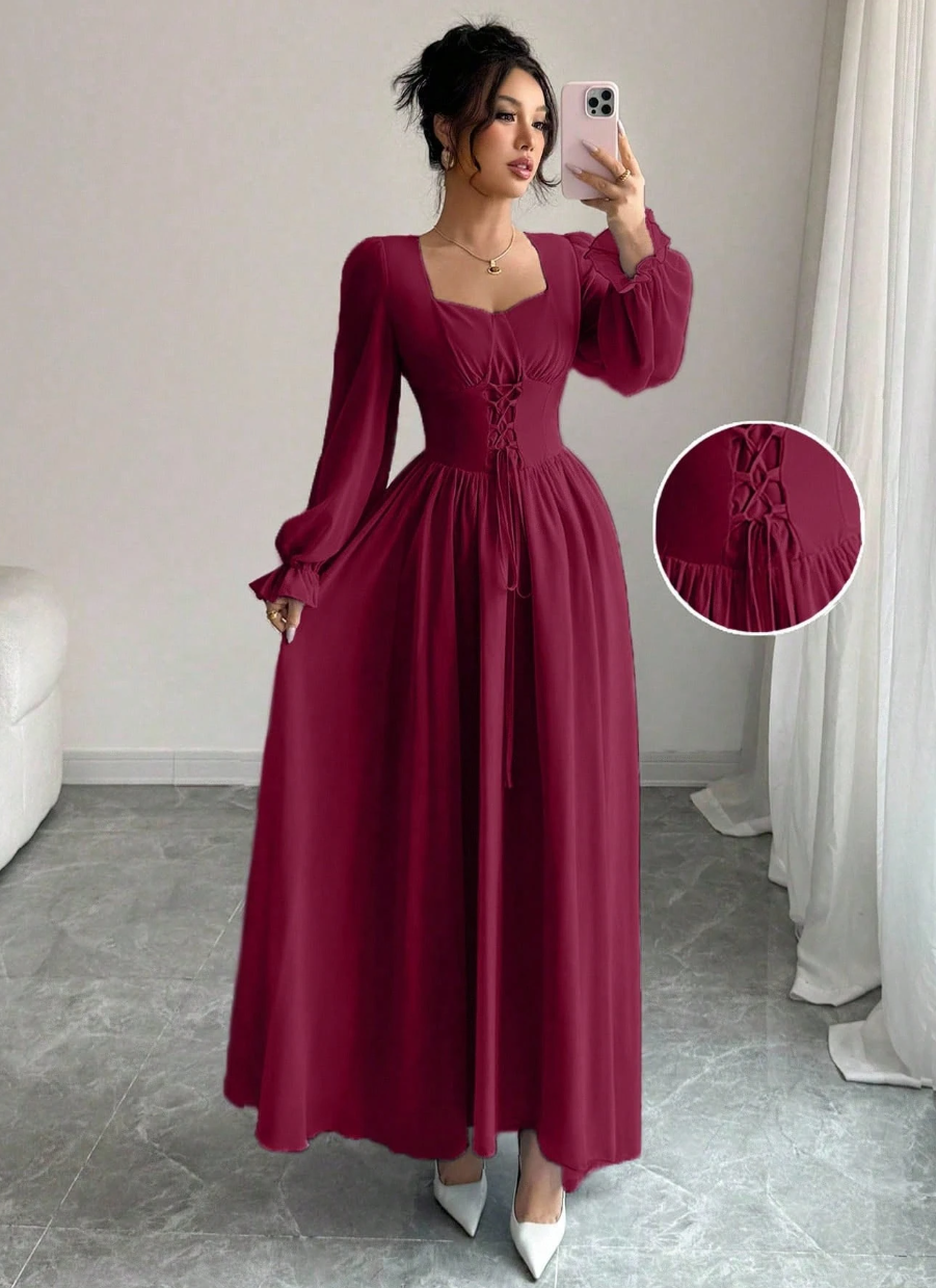 Vestido de Festa Longo retrô casamento  Princesa Manga longa Amarração vinho bordô