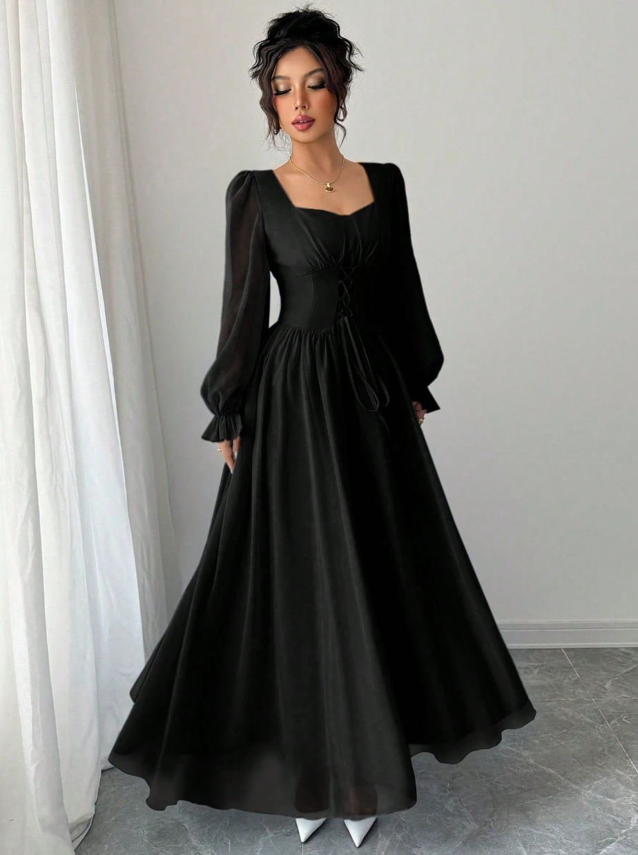 Vestido de Festa Longo retrô Princesa Manga longa Amarração preto