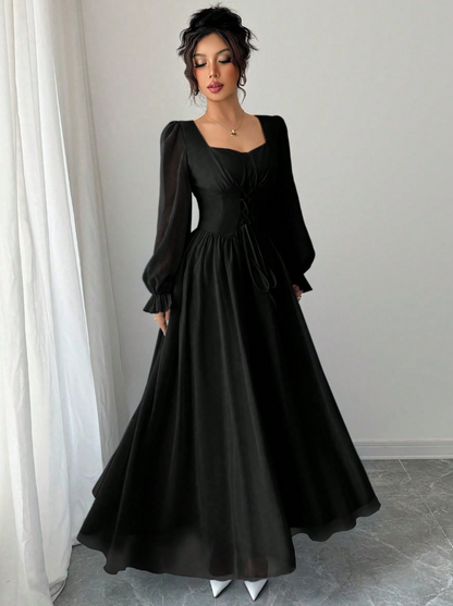Vestido de Festa Longo retrô Princesa Manga longa Amarração preto