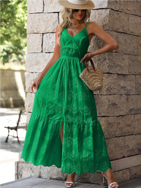 Vestido Longo de Lese Decote V Alcinha verde laise