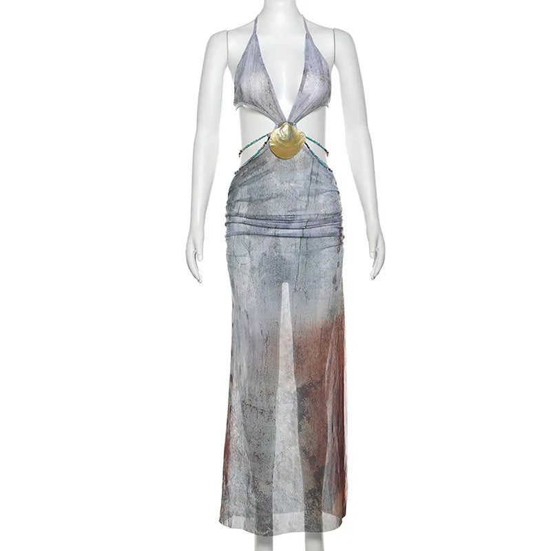Vestido de festa Longo Saída de Praia com detalhes em Concha cut-out recortado sexy sensual costas nuas transparente festival
