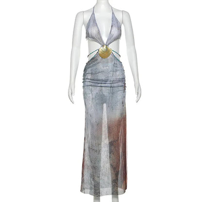 Vestido de festa Longo Saída de Praia com detalhes em Concha cut-out recortado sexy sensual costas nuas transparente festival