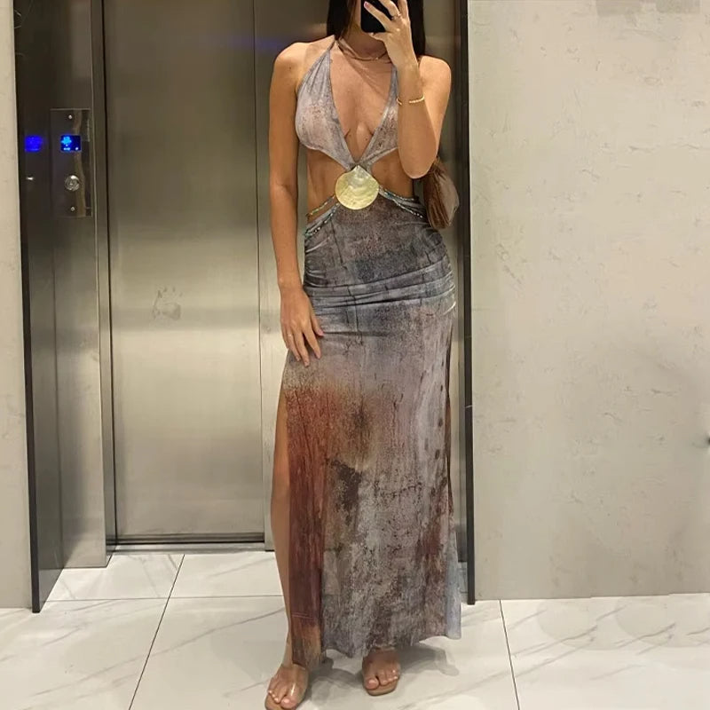 Vestido de festa Longo Saída de Praia com detalhes em Concha cut-out recortado sexy sensual costas nuas verão