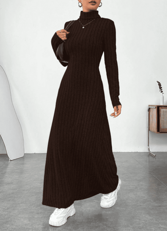 Vestido Midi Tricot Manga Longa Gola Alta