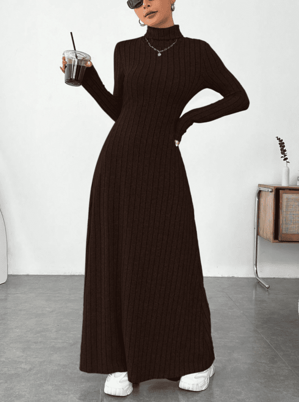 Vestido Midi Tricot Manga Longa Gola Alta