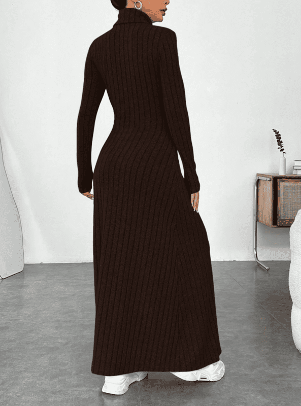 Vestido Midi Tricot Manga Longa Gola Alta