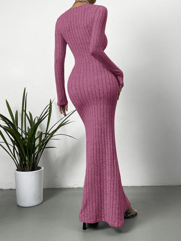 Vestido Longo Tricot Decotado manga longa quente inverno tubinho justo rosa