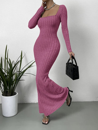 Vestido Longo Tricot Decotado manga longa quente inverno tubinho rosa