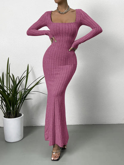 Vestido Longo Tricot Decotado manga longa quente inverno tubinho rosa sensual