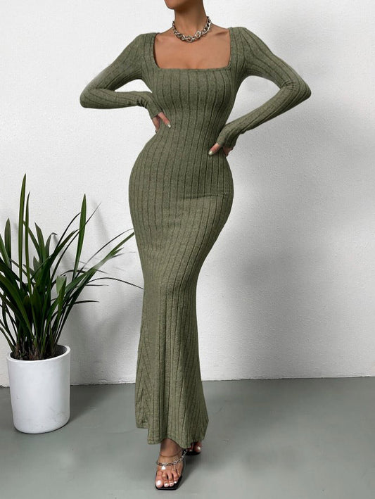 Vestido Longo Tricot Decotado manga longa quente inverno tubinho verde musgo militar