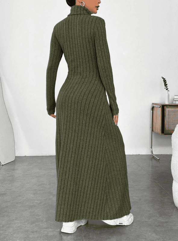 Vestido Midi Tricot Manga Longa Gola Alta
