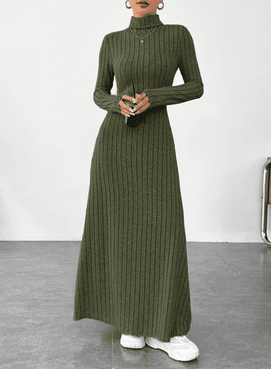 Vestido Midi Tricot Manga Longa Gola Alta