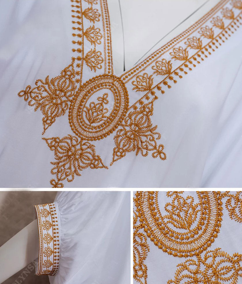 Vestido Longo Solto Decote Bordado Marrocos Túnica branco luxuoso sofisticado praia