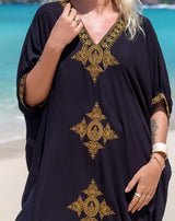 Vestido Longo Solto Decote Bordado Marrocos Túnica