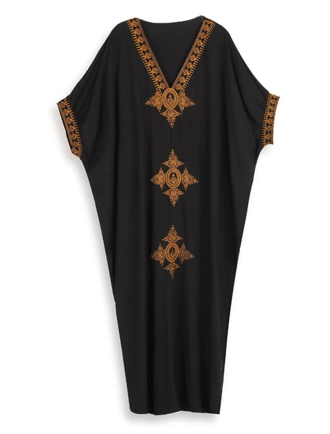 túnica kaftan oriental vestido longo preto bordado soltinho gordinha plus size chique sofisticado saída de praia
