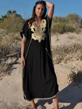 Vestido Longo Solto Decote Bordado Marrocos Túnica preto luxuoso sofisticado praia