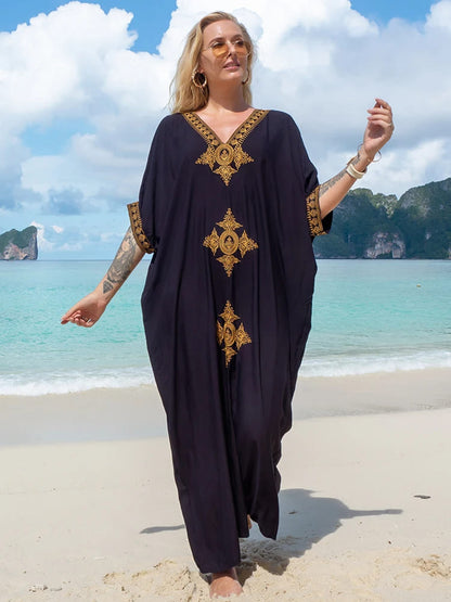 Vestido Longo Solto Decote Bordado Marrocos Túnica preto luxuoso sofisticado praia