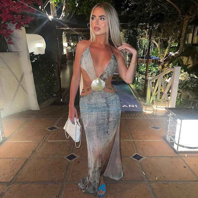 Vestido de festa Longo Saída de Praia com detalhes em Concha cut-out recortado sexy sensual costas nuas