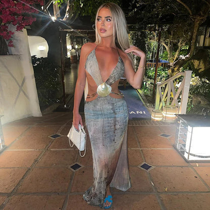 Vestido de festa Longo Saída de Praia com detalhes em Concha cut-out recortado sexy sensual costas nuas