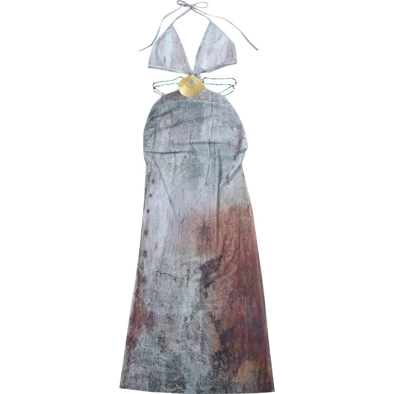 Vestido de festa Longo Saída de Praia com detalhes em Concha cut-out recortado sexy sensual costas nuas