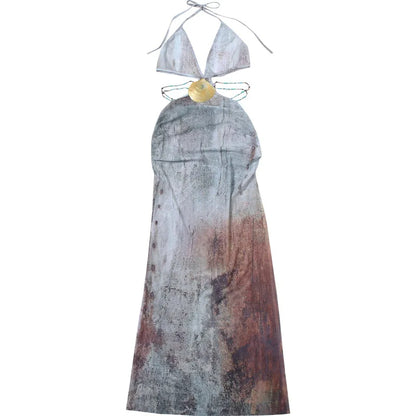 Vestido de festa Longo Saída de Praia com detalhes em Concha cut-out recortado sexy sensual costas nuas