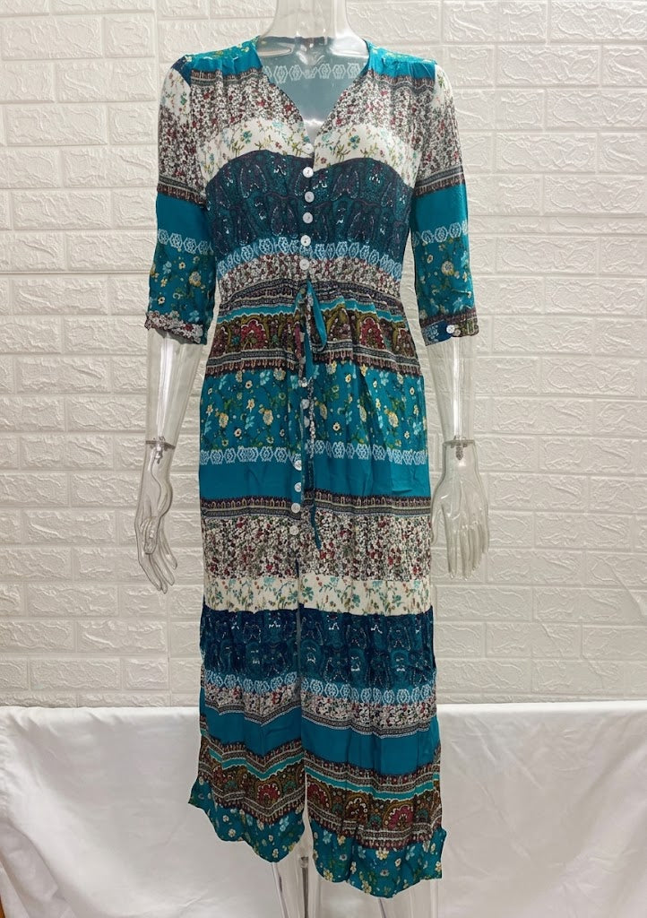 Vestido Longo Western Boho Manga 3/4 viscose leve verde étnico hippy midi chemise
