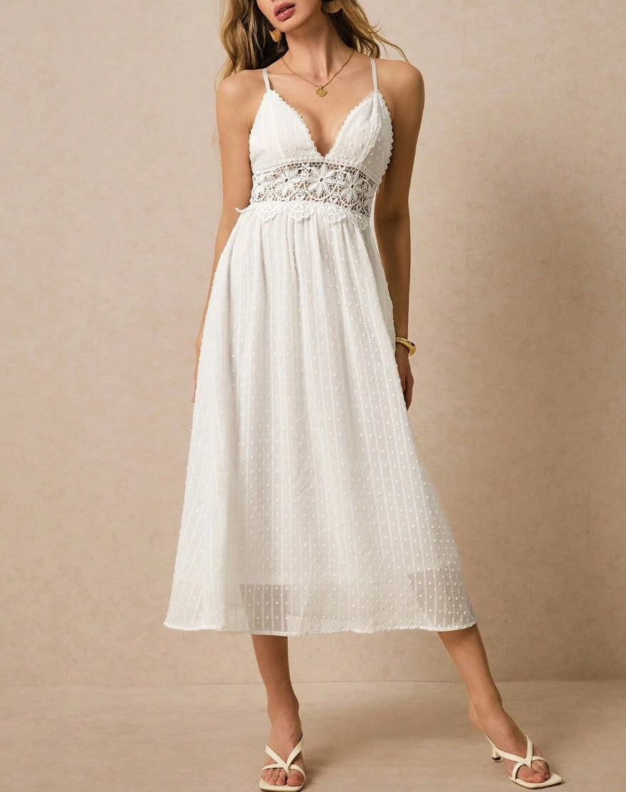 Vestido de Festa Midi branco com Renda Alcinha boho chique sofisticado elegante verão casamento reveillon 