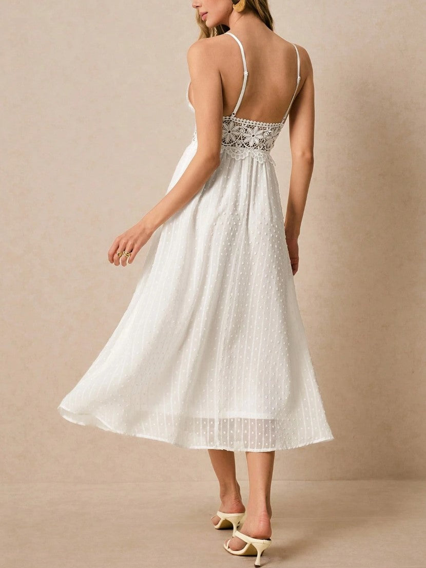 Vestido de Festa Midi branco com Renda Alcinha boho chique sofisticado elegante verão casamento reveillon 
