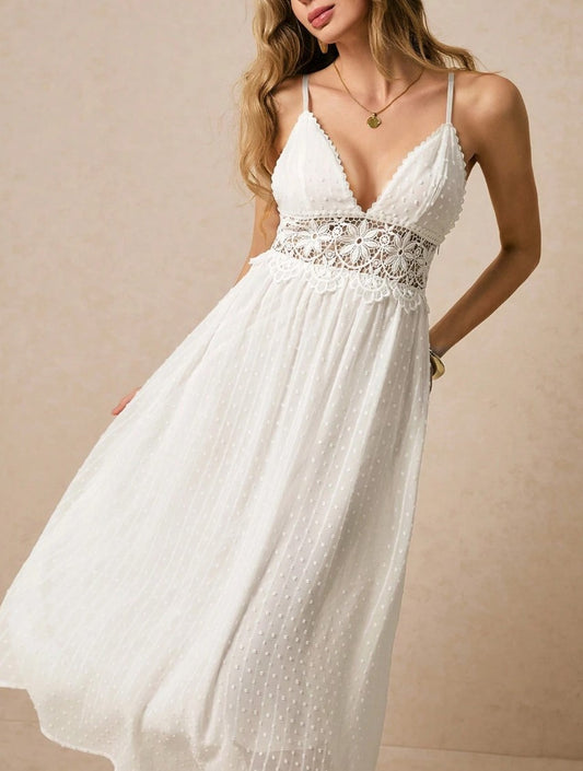 Vestido de Festa Midi branco com Renda Alcinha boho chique sofisticado elegante verão casamento reveillon 