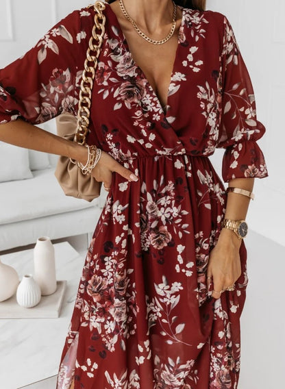 Vestidos Estampados Midi Manga 3/4 Decote V