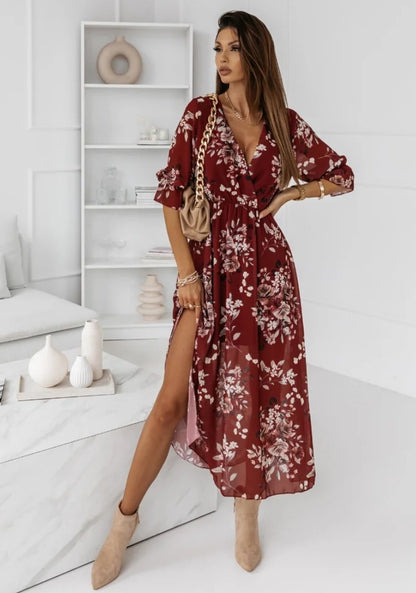 Vestidos Estampados Midi Manga 3/4 Decote V