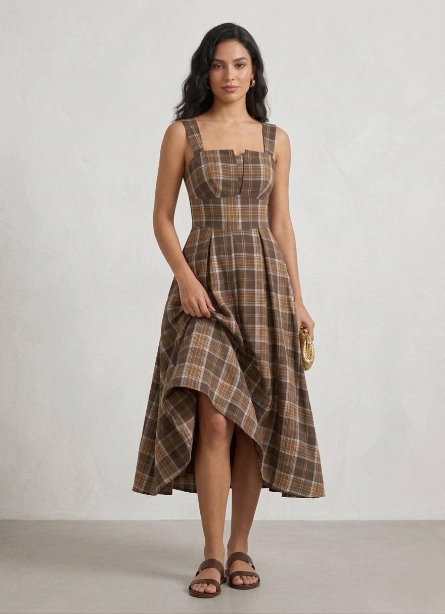 Vestido Midi Retrô Xadrez Regata plus size decote coração acinturado marrom  