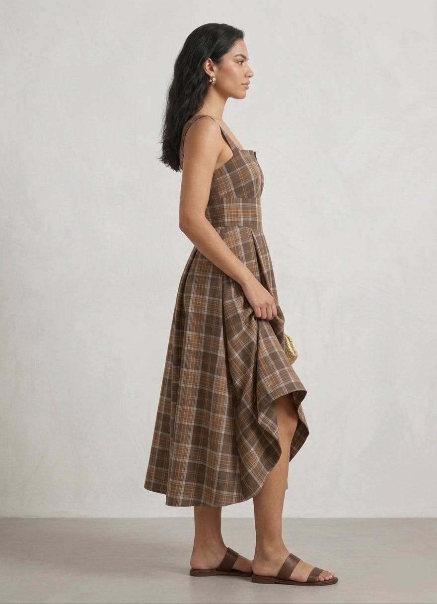 Vestido Midi Retrô Xadrez Regata plus size decote coração acinturado marrom  