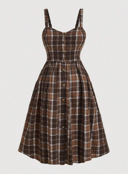Vestido Midi Retrô Xadrez Regata plus size decote coração acinturado marrom 