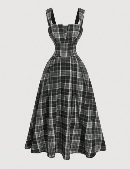 Vestido Midi Retrô Xadrez Regata plus size decote coração acinturado preto e branco clássico 