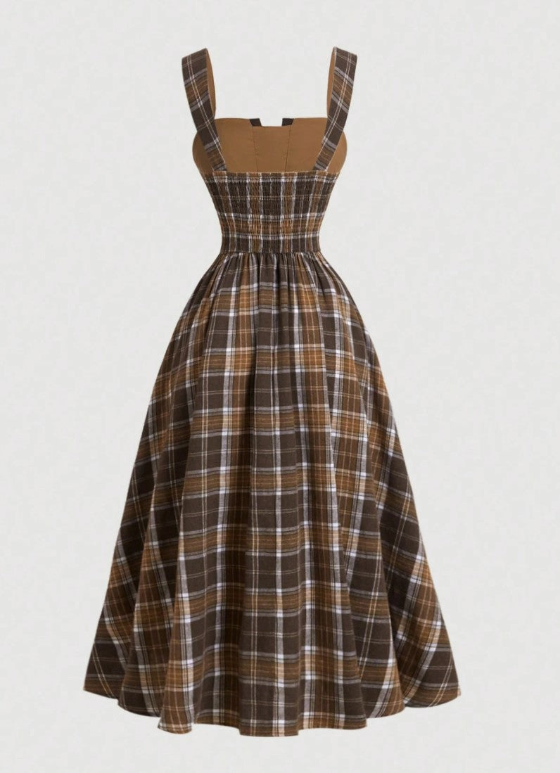 Vestido Midi Retrô Xadrez Regata plus size decote coração acinturado marrom  