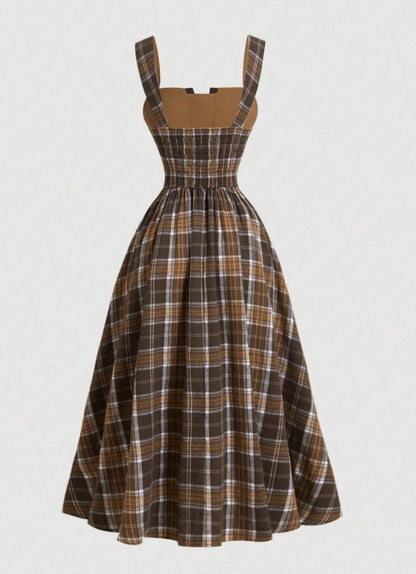 Vestido Midi Retrô Xadrez Regata plus size decote coração acinturado marrom  