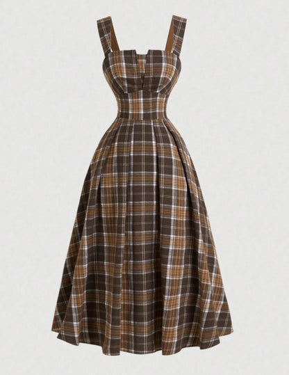 Vestido Midi Retrô Xadrez Regata plus size decote coração acinturado marrom  