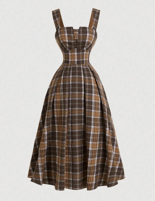 Vestido Midi Retrô Xadrez Regata plus size decote coração acinturado marrom  