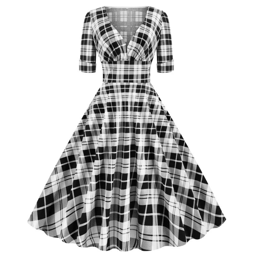 Vestido Midi Retrô Xadrez Manga 3/4 preto e branco