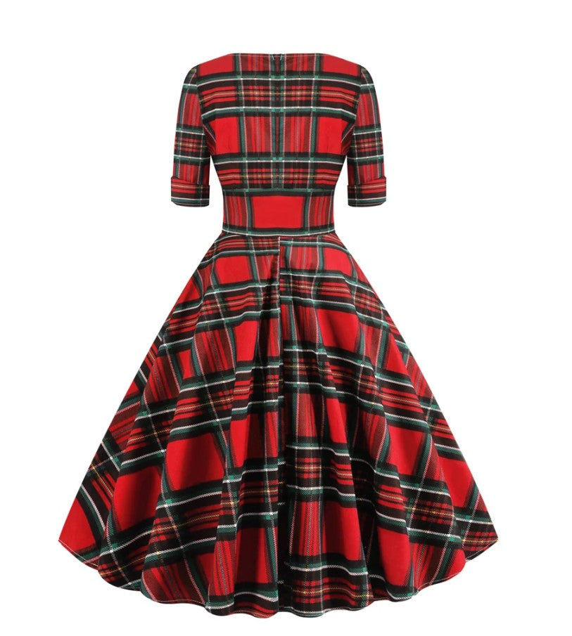 Vestido Midi Retrô Xadrez Manga 3/4 vermelho vintage 