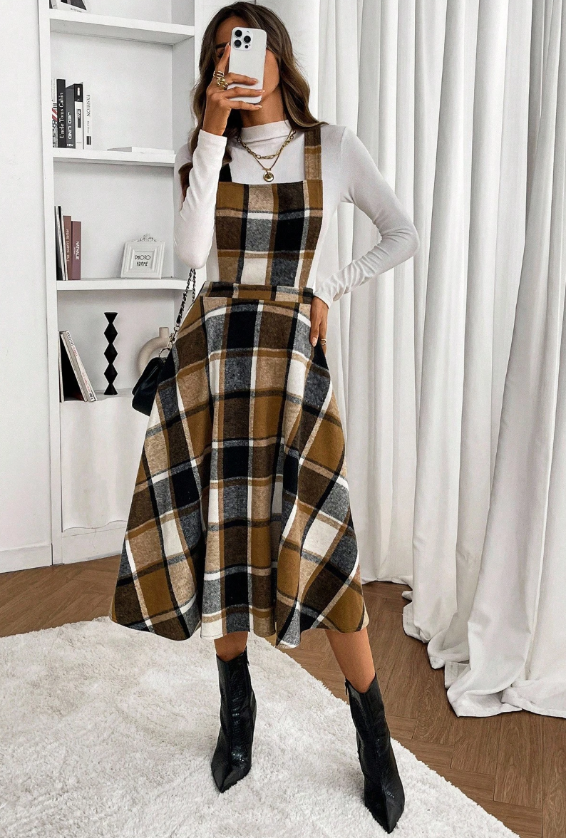 Vestido Xadrez Midi Office Inverno elegante flanela