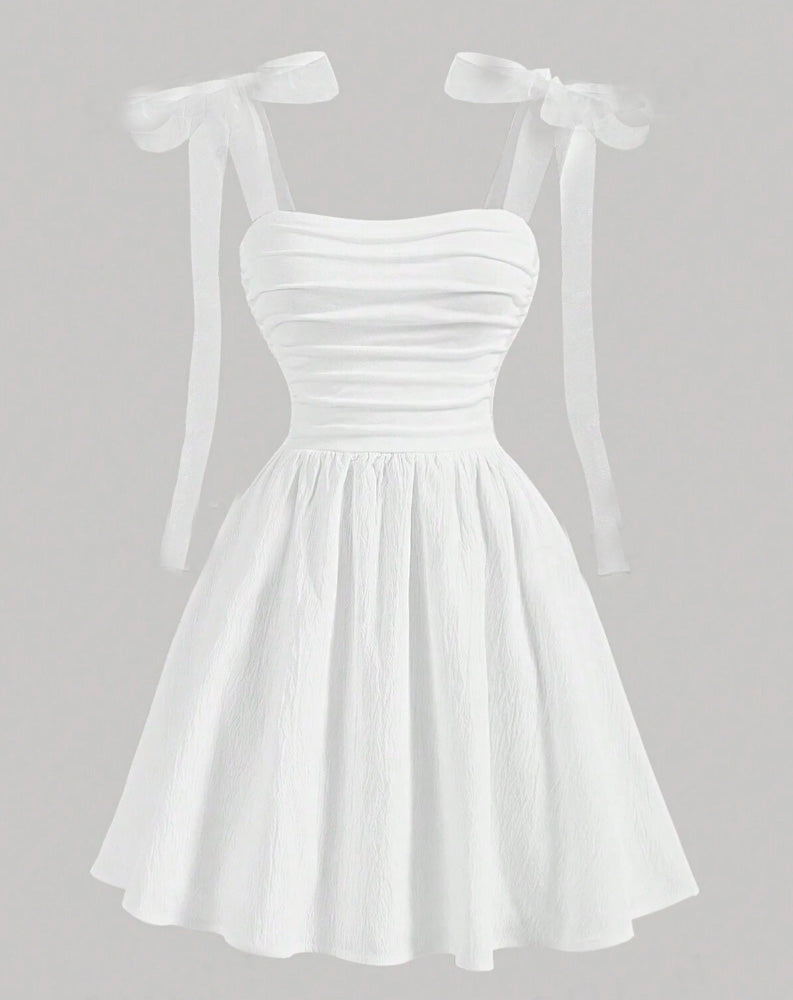 Vestido de Festa Curto Alças com laços branco verão Romântico juvenil 